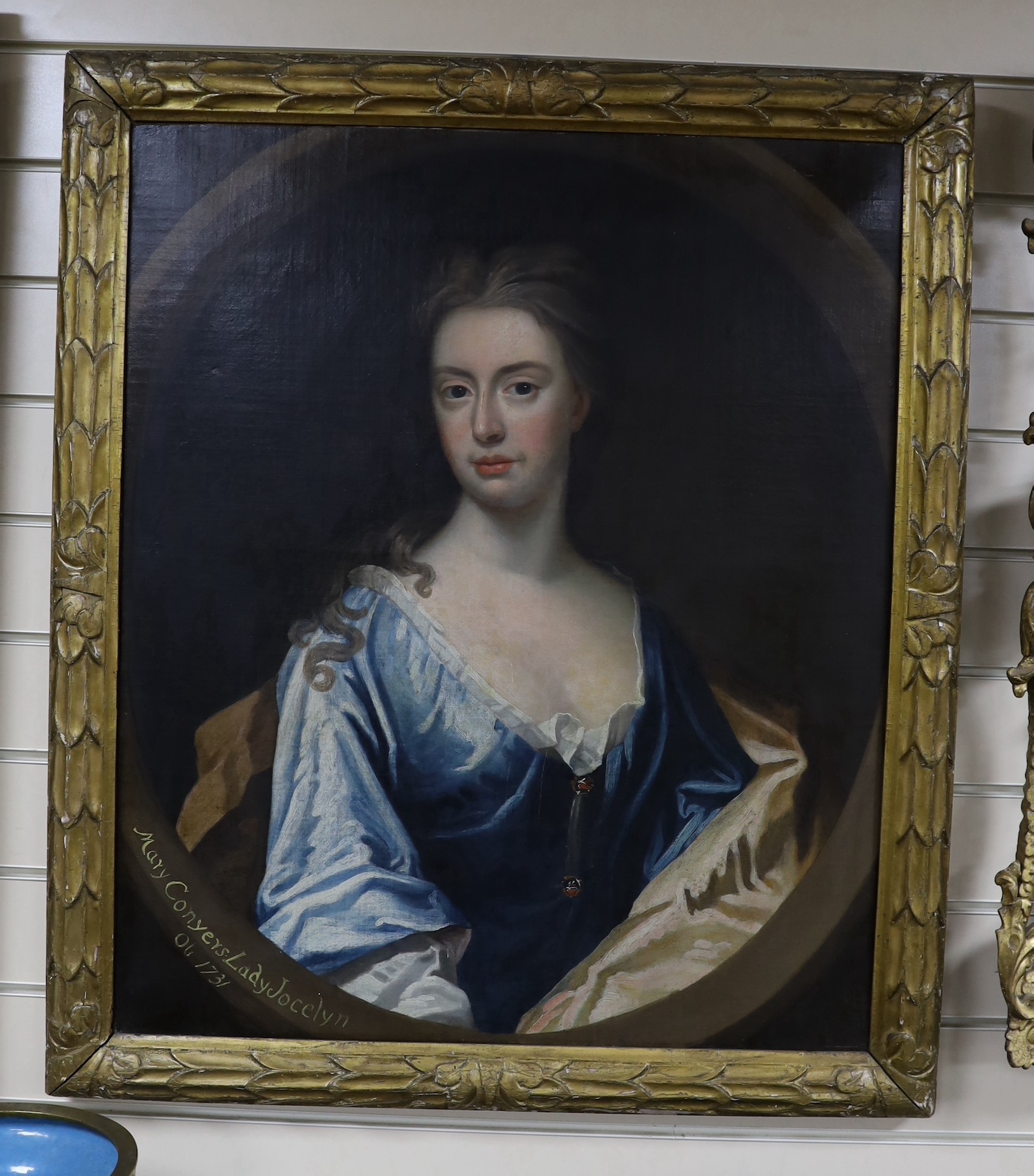 18th century English School, oil on canvas, Portrait of Mary Conyers Lady Jocelyn OB 1731', wife of Sir Strange Jocelyn, 2nd Baronet (c.1651-1734) of Great Hyde hall, Sawbridgeworth, Hertfordshire, titled to the front, i